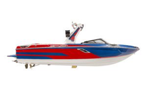 A blue and red speed boat on a white background, perfect for fans of wake surfing and competition.