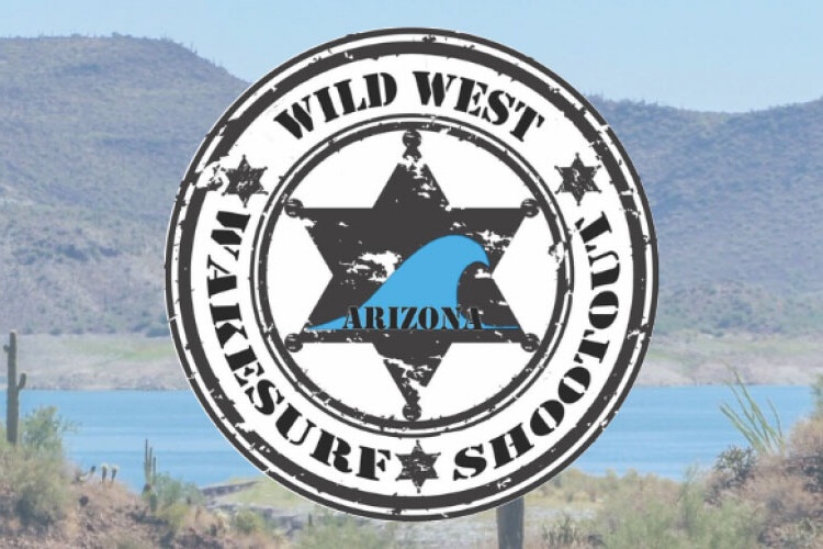 The logo for the wild west scuba show is in front of a lake, attracting fans and surfers attending the thrilling contest.