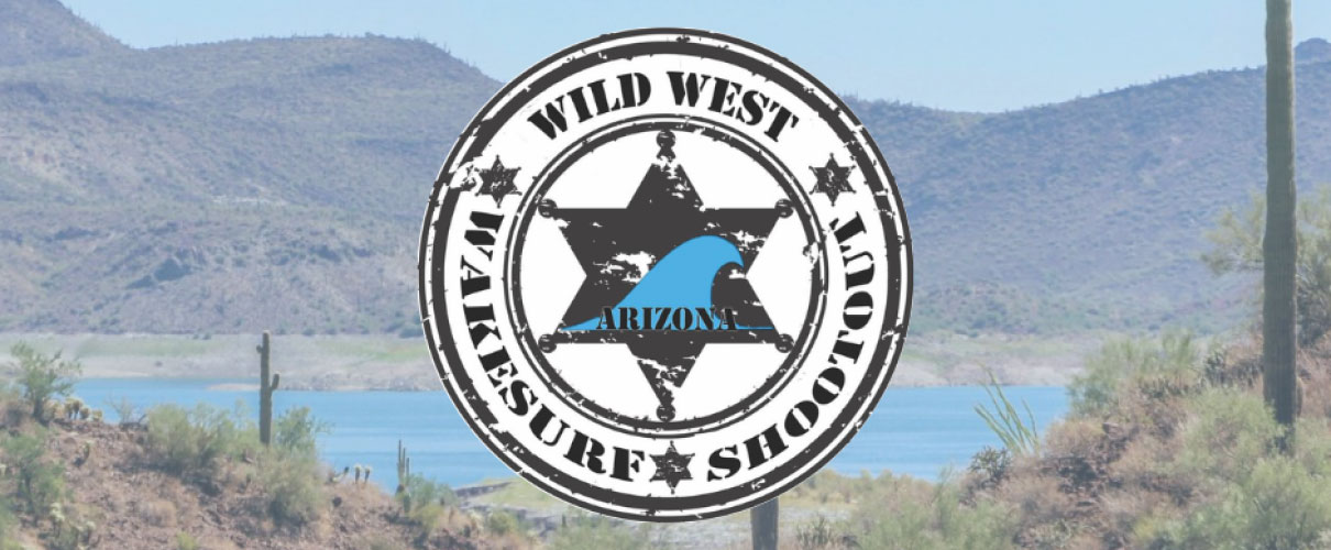 The logo for the wild west scuba show is in front of a lake, attracting fans and surfers attending the thrilling contest.