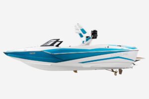 A blue and white speed boat, perfect for wake surfing competitions, stands out against a clean white background.