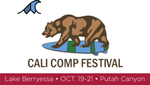 Cali comp festival logo featuring a bear on a surfboard competing in wake surfing.
