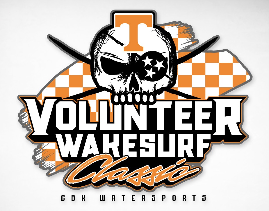 Logo for the Volunteer Wake Surf Classic featuring a skull with crossbones and a checkered orange and white background, with 