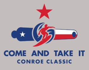 Graphic logo for The Come and Take it Conroe Classic, featuring a stylized cannon and a star in red, white, and blue colors.