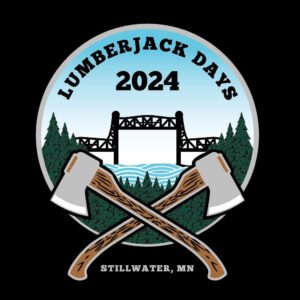 Logo for Lumberjack Days 2024 in Stillwater, MN, featuring crossed axes, a river with a bridge, and pine trees. The design subtly nods to the Minnesota Wakesurf Championship.