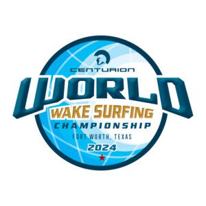 Logo for the 2024 Centurion Worlds Wake Surfing Championship in Fort Worth, Texas, featuring bold text and a Spartan helmet icon.