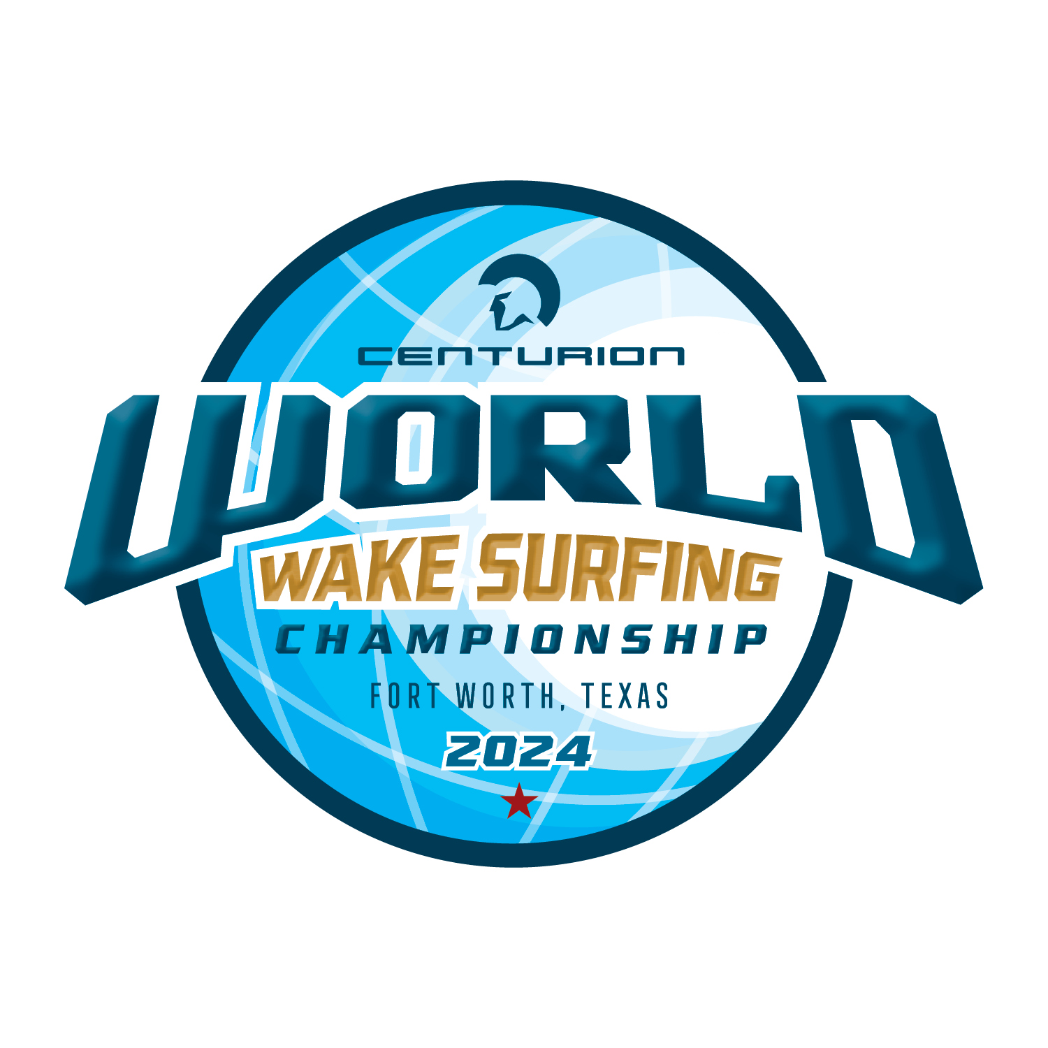 Logo for the 2024 Centurion Worlds Wake Surfing Championship in Fort Worth, Texas, featuring bold text and a Spartan helmet icon.