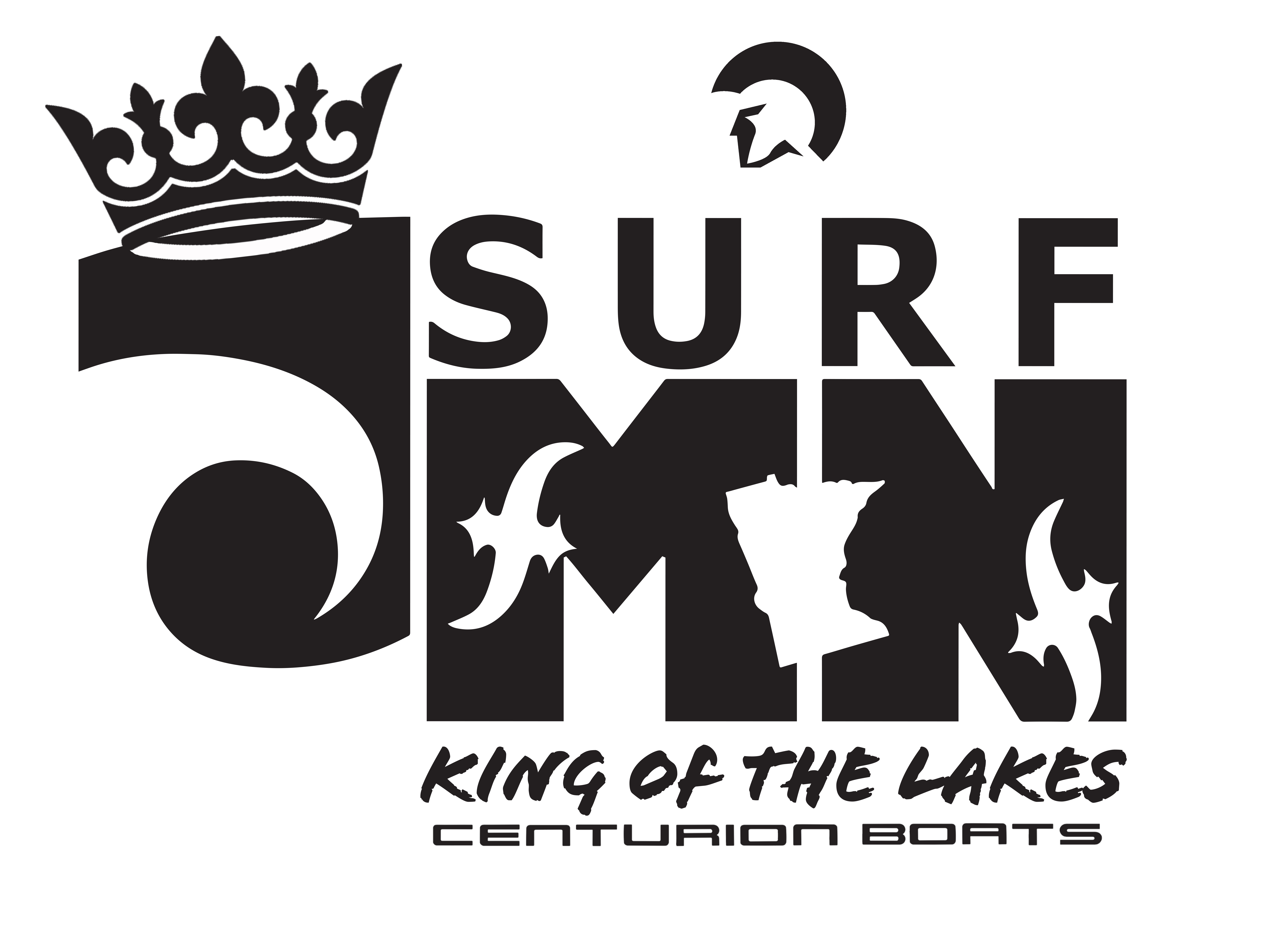 Logo for Surf MN King of the Lakes Classic by Centurion Boats featuring a stylized black and white design with a crown, waves, and flames.
