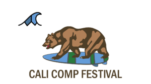 Logo for the Cali Comp Festival 2024 showcasing a bear riding a surfboard, capturing the vibrant spirit of this event. Make sure to mark your calendar for all the fun at Putah Canyon, Lake Berryessa.