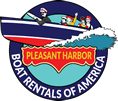 Logo of Pleasant Harbor Boat Rentals of America, featuring a boat with three people and waves, surrounded by a circular border.