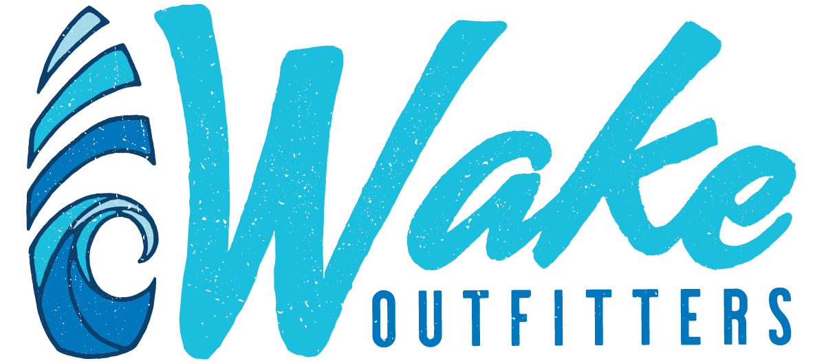 Logo for Wake Outfitters featuring stylized blue waves to the left of the bold, gradient blue brand name, with a subtle nod to ChattaWake 2025 in the design.