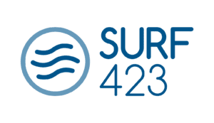 Blue "SURF 423" text next to a circular icon with three wavy horizontal lines inside, representing ChattaWake 2025, all on a transparent background.