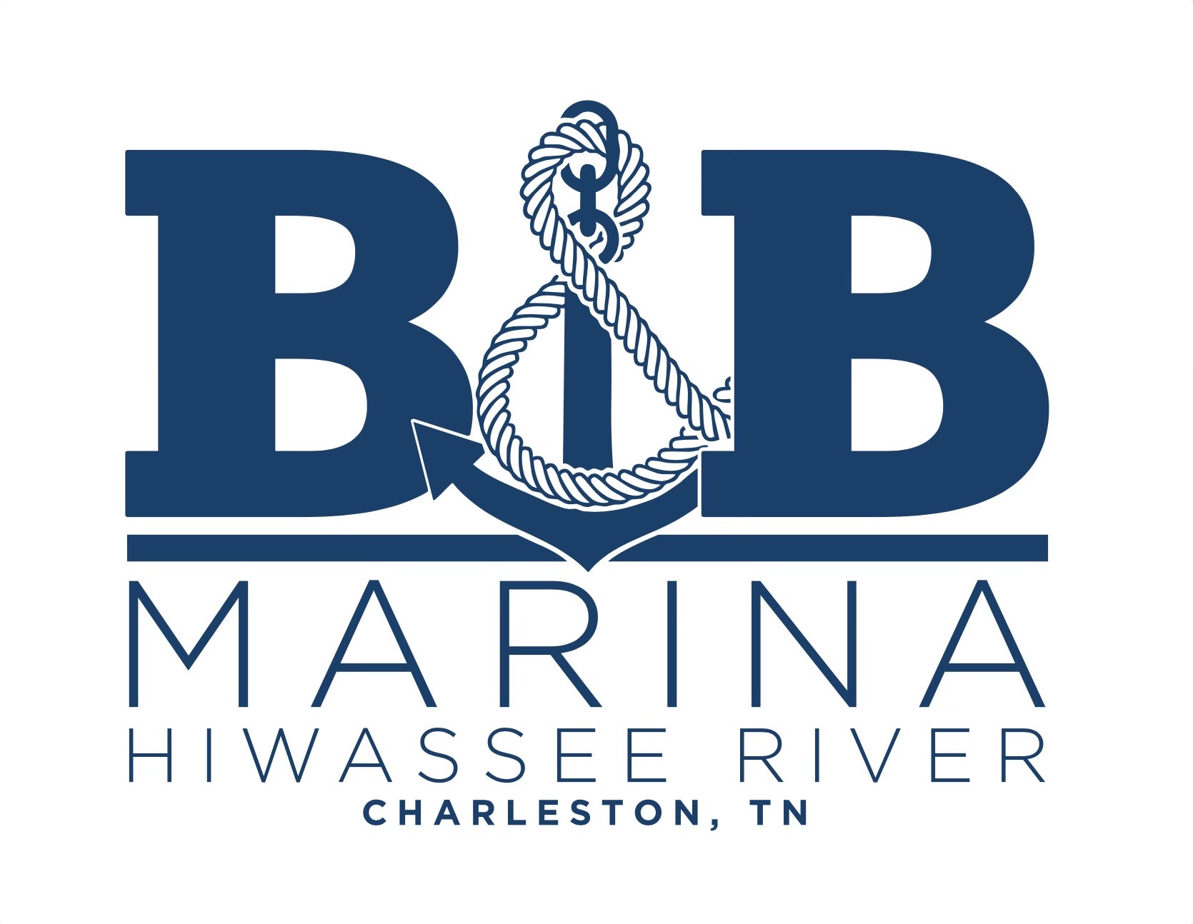 Logo for B&B Marina featuring an anchor with rope between two large B's, with text: 