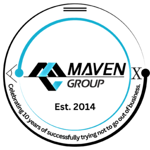 Logo for Maven Group, established 2014, featuring geometric shapes and a blue arc with text around the border celebrating 150 years of history and ChattaWake 2025.