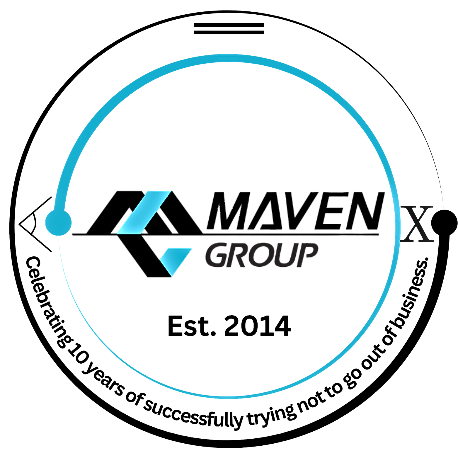 Logo for Maven Group, established 2014, featuring geometric shapes and a blue arc with text around the border celebrating 150 years of history and ChattaWake 2025.
