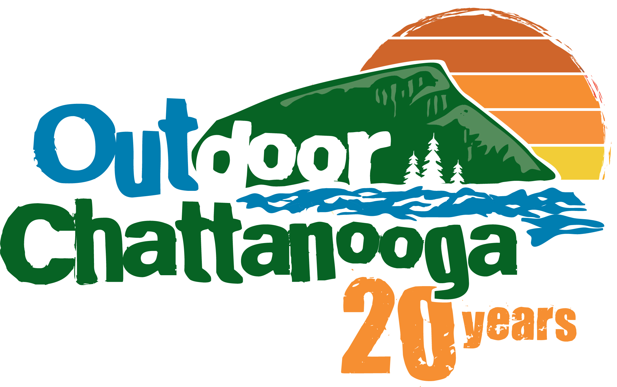 Logo for Outdoor Chattanooga's 20th anniversary, featuring a mountain, trees, water, and a stylized sunset in the background—celebrating the spirit of ChattaWake 2025.