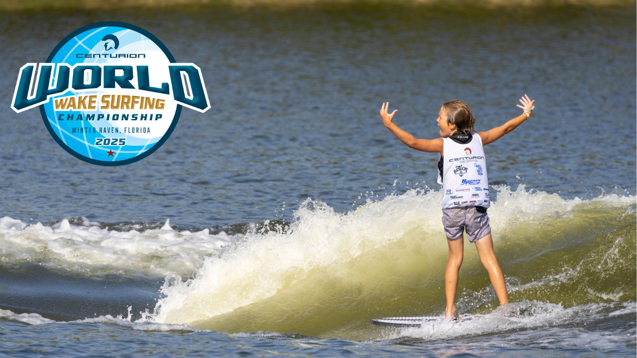 A young surfer rides a wake with arms raised; the Centurion World Wake Surfing Championships 2025 logo appears on the left—save the dates for this epic event.