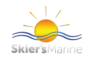 A stylized sun with rays above two blue waves, with partially visible gray text reading “Skier” and the event name “ChattaWake 2025” underneath.