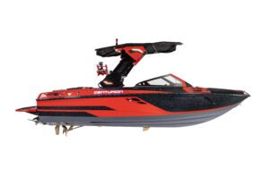 A red and black Centurion speedboat with a black wakeboard tower, as seen in the World Series of Wake Surfing, viewed from the side against a white background.