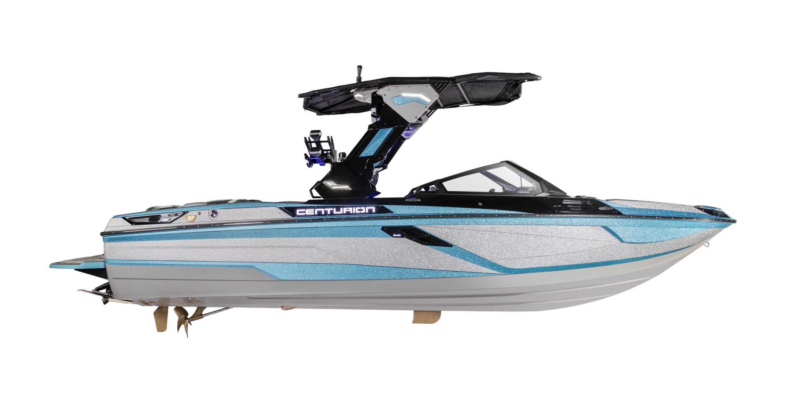 Side view of a blue and silver Centurion Ri Series speedboat with a black wakeboard tower and windshield, isolated on a white background.