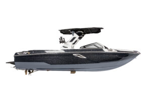 Side view of a dark blue and white motorboat from The Centurion Ri Series, featuring a wakeboard tower and tinted windshield, set against a plain white background.