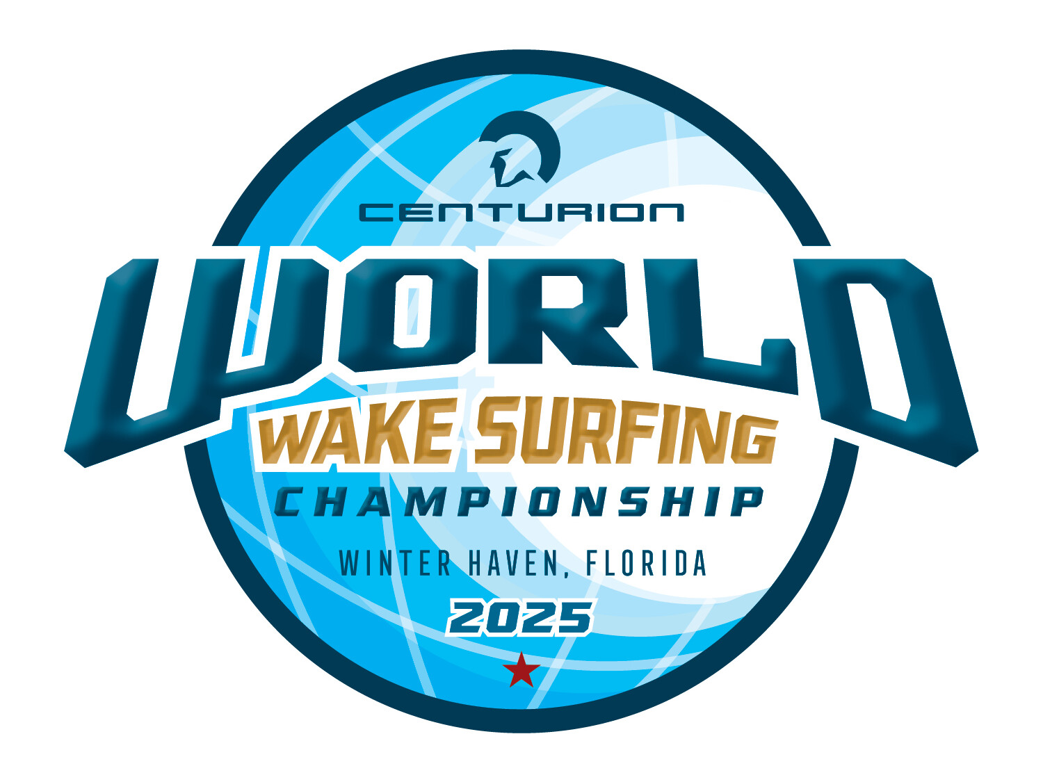 Logo for the World Wake Surfing Championship 2025 in Winter Haven, Florida, featuring bold text and a stylized globe.