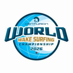 Centurion World Wake Surfing Championship 2026 logo featuring a blue globe, helmet icon, and bold text represents the spirit of the 2026 Wake Surfing event.