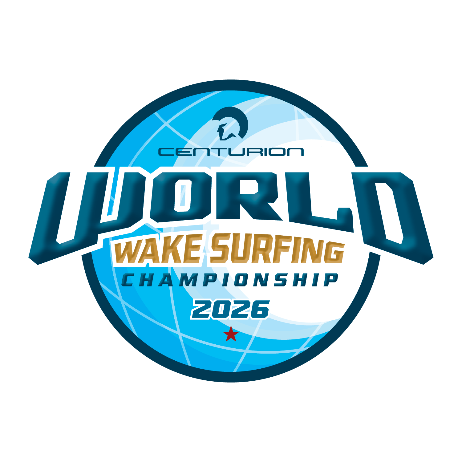 Centurion World Wake Surfing Championship 2026 logo featuring a blue globe, helmet icon, and bold text represents the spirit of the 2026 Wake Surfing event.