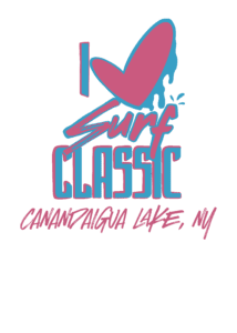 Text graphic reads “I [heart] Surf Classic Canandaigua Lake, NY” with pink and blue lettering, a drippy heart shape, and bold Surf Classic style.