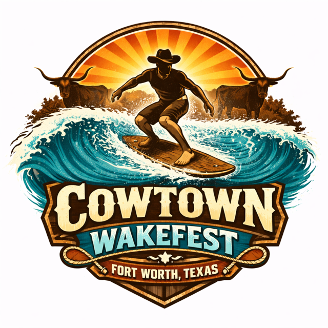Logo for Cowtown Wake Fest in Fort Worth, Texas, featuring a cowboy wakeboarding on a wave with longhorn cattle and a sunset in the background, capturing the vibrant spirit of this unique festival.