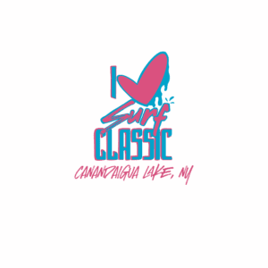 Logo with the text "I love Surf Classic Canandaigua Lake, NY" in blue and pink stylized fonts, featuring a large heart, water splash graphic, and playful nod to the Surf Classic vibe.
