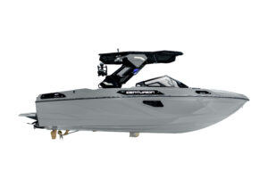 Side view of a modern, gray Centurion Ri Series wakeboard boat with a black tower and windshield, isolated on a white background.