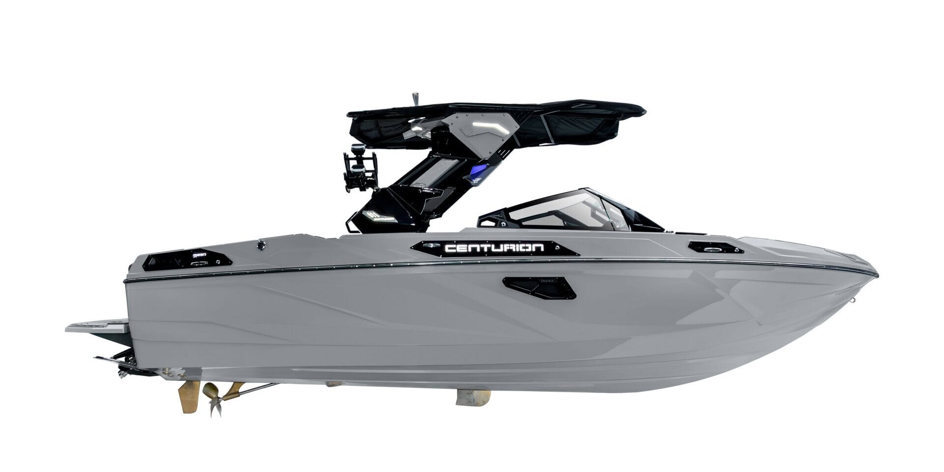 Side view of a modern, gray Centurion Ri Series wakeboard boat with a black tower and windshield, isolated on a white background.