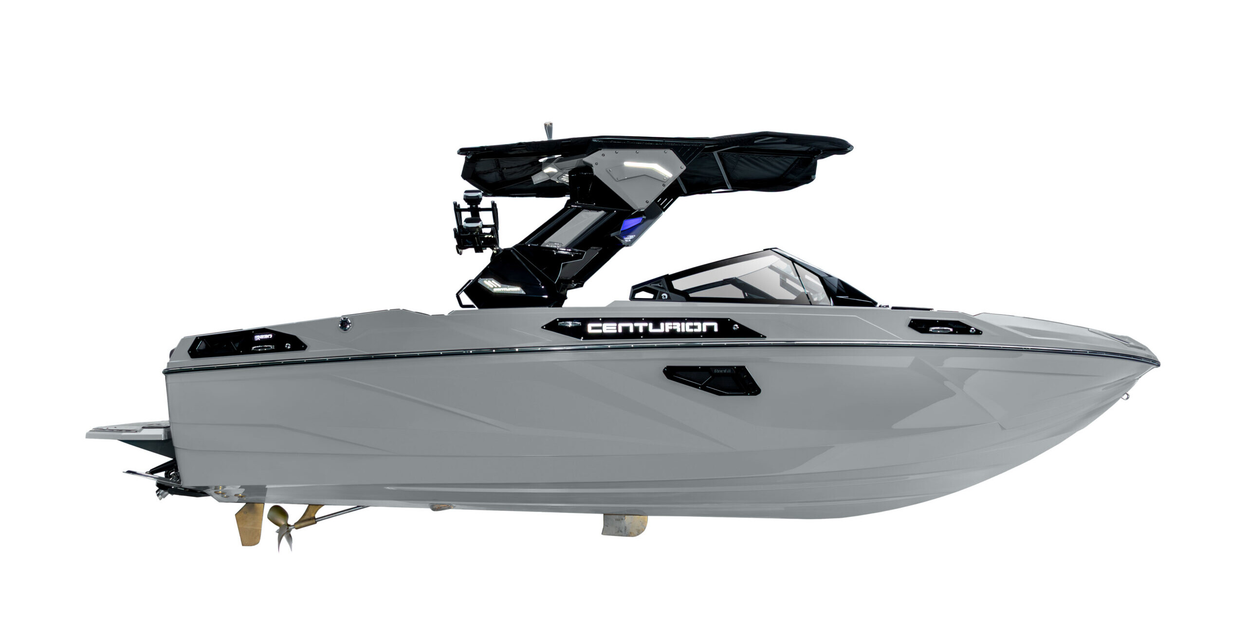 Side view of a modern, gray Centurion Ri Series wakeboard boat with a black tower and windshield, isolated on a white background.