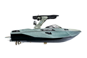 Side view of a modern Centurion speedboat with a black and teal hull, equipped with a wakeboard tower and windshield, on a white background—perfect for riders inspired by the World Series of Wake Surfing.