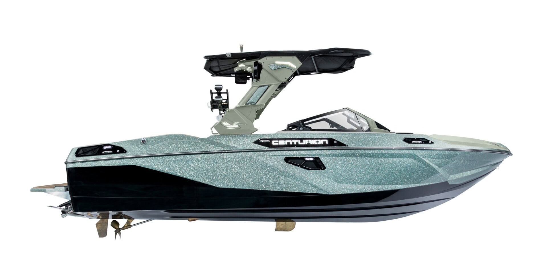Side view of a modern Centurion speedboat with a black and teal hull, equipped with a wakeboard tower and windshield, on a white background—perfect for riders inspired by the World Series of Wake Surfing.
