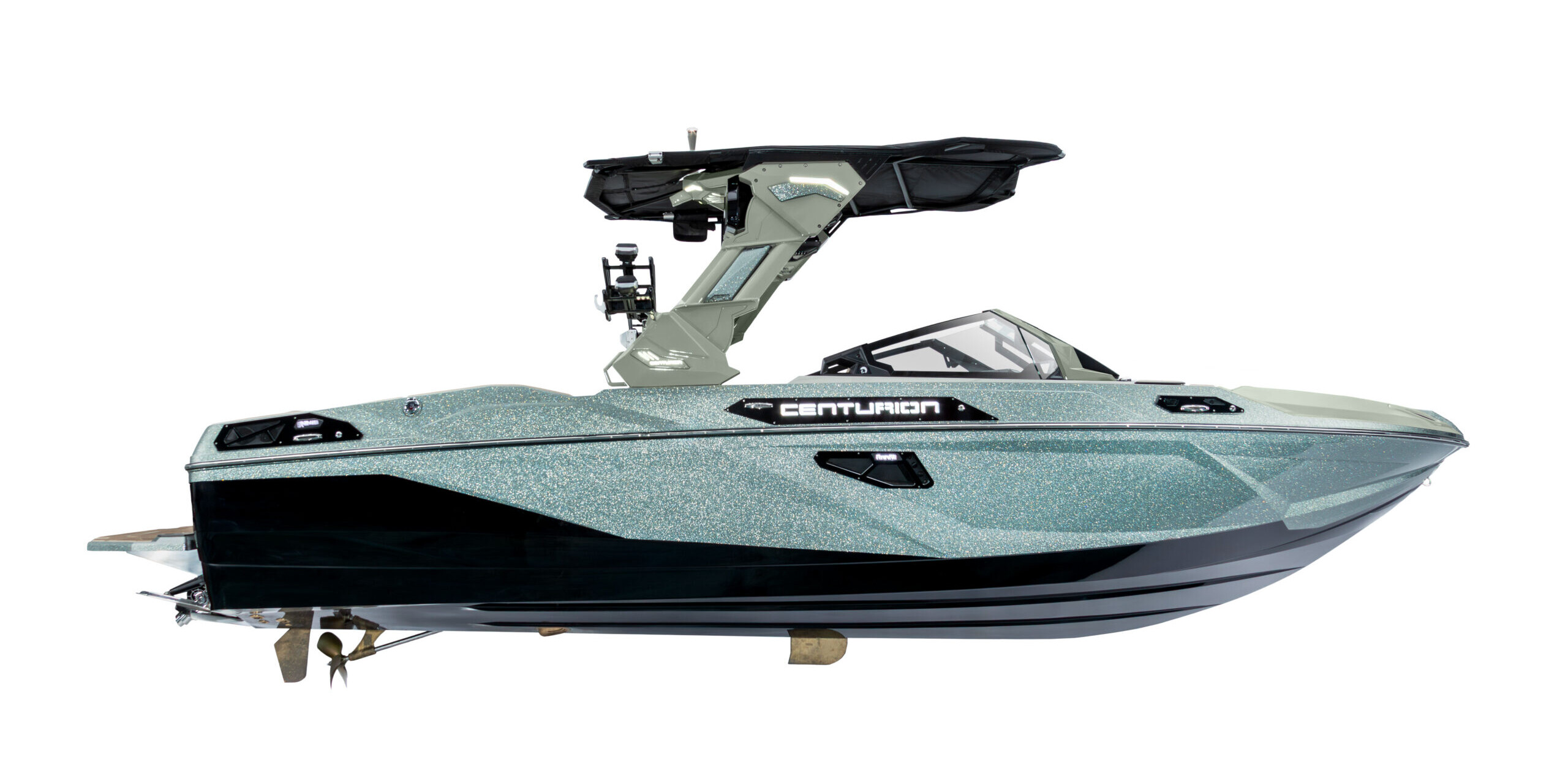 Side view of a modern Centurion speedboat with a black and teal hull, equipped with a wakeboard tower and windshield, on a white background—perfect for riders inspired by the World Series of Wake Surfing.
